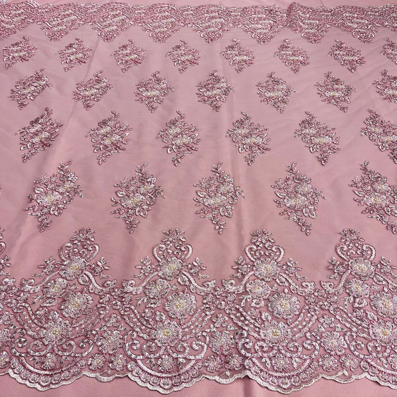 1 Yard Dusty Rose Beaded Corded Lace Fabric with Scallops Embroidered on 100% Poly Metallic 54 Inch Wide